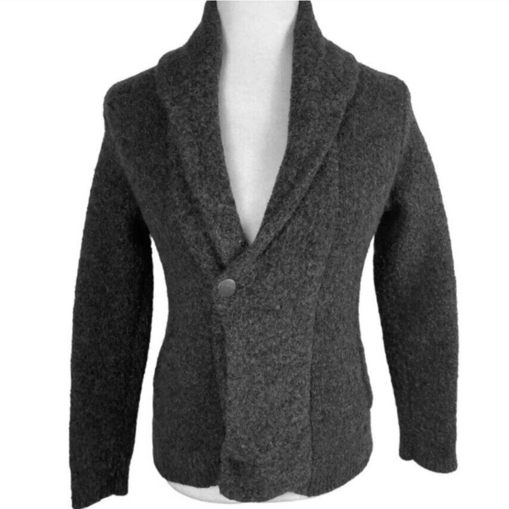 Eileen Fisher black wool fuzzy Cardigan sweater snap marled distressed petite m